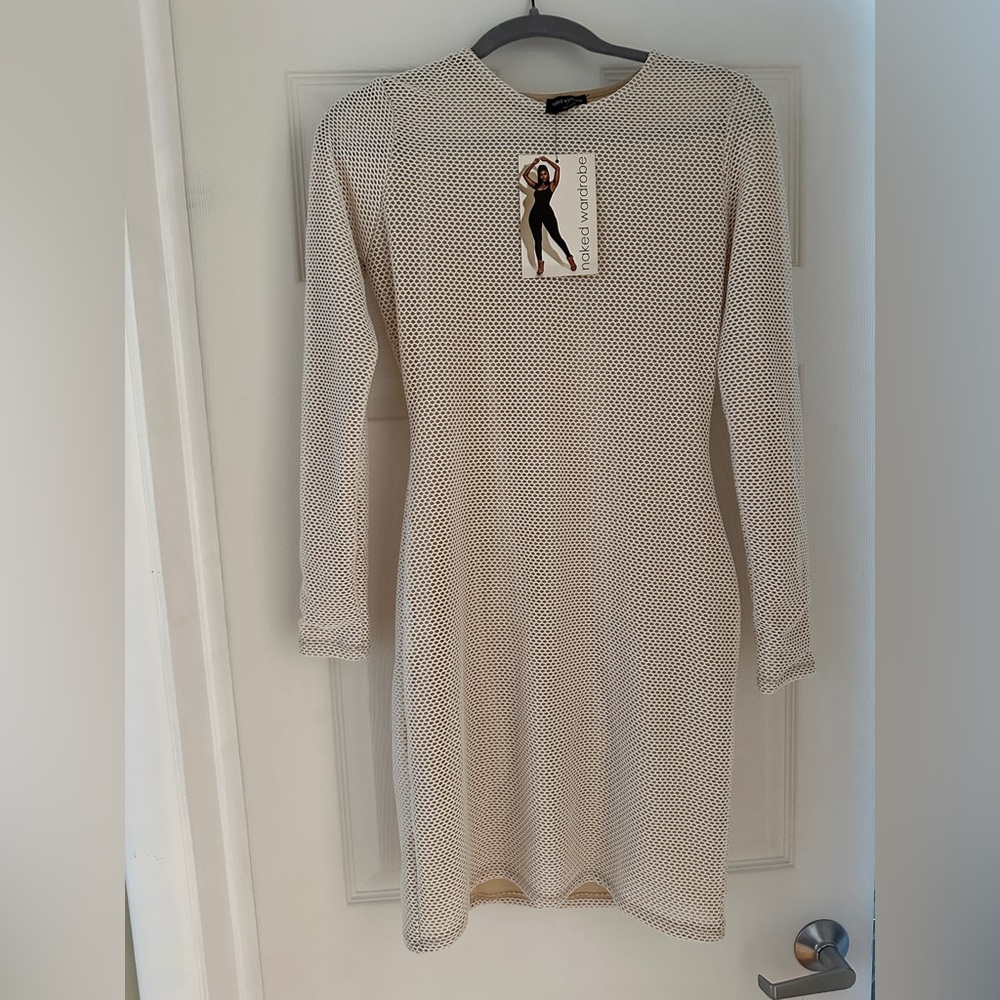 Naked Wardrobe Mesh Net Long Sleeve Mini Dress Bodycon in White Nude